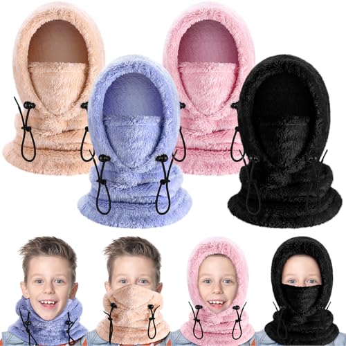 4 Pcs Balaclava Face Mask Kids Winter Windproof Ski Mask Hooded Scarf Head Neck Cover for Cold Weather Skiing Cycling