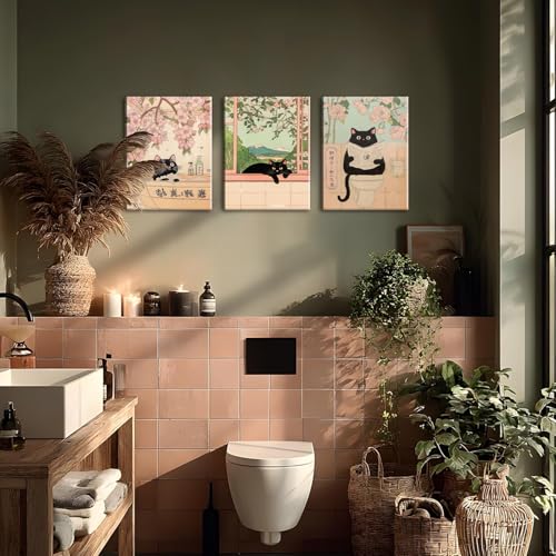 Japanese Bathroom Wall Art Set of 3, Cute Black Cat Bathtub Wall Decor, Funny Animal Reading Newspaper Canvas Prints for Bathroom Bedroom Laundry Room 16x24 inch Framed by Mynotix - Used condition - Image 6