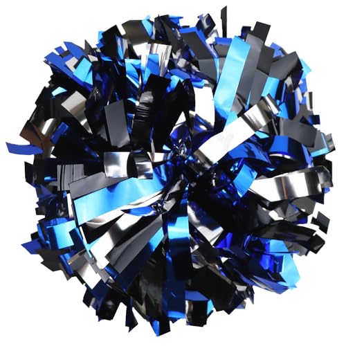 Gbateri 2 Pack 6 Inches Metallic Cheerleader Pom Poms with Baton Handle, Cheerleading Poms Cheer Pom Pom, Cheering Pom Poms for Team Spirit Sports Dance Party Kids Adults(Royal Blue Black and Silver)