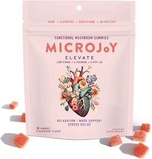 Microjoy Elevate – Mood Support, Relaxation & Stress Relief Gummies – with L-Theanine, Lion’s Mane, 5-HTP & B6 – Vegan, Non-GMO – 30ct – Strawberry