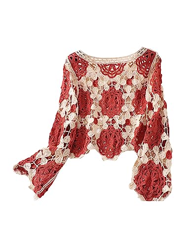 Alaurbeauty Camiseta de crochet de punto para mujer, manga larga, cuello hueco, jersey de punto sexy, camiseta de manga larga Y2K Aesthetic Vintage elegante ropa para mujeres y niñas, marrón,