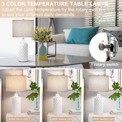 White Ceramic Table Lamps For Bedrooms Set Of 2, Coastal Ceramic Bedside Lamps For Living Room End Table 3-Color Temperature Farmhouse Bedroom Nightstand Lamps With Lampshades, Led Bulbs Included #TOP2