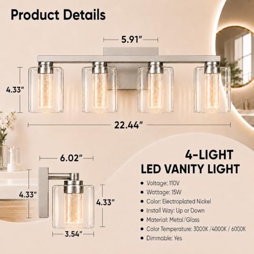 Image of 4-Light LED Vanity Light Fixtures for Bathroom,Electroplated Nickel | Bathroom Light Fixtures Over Mirror, 3 Color Lighting, Crystal Bubble Glass & Clear Glass Shade, Modern Vanity Light