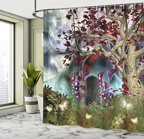ABAKUHAUS Forest Shower Curtain, Dark Gothic Themed Fairytale Scene with Magic Tree and Secret Cave Illustration - Image 4