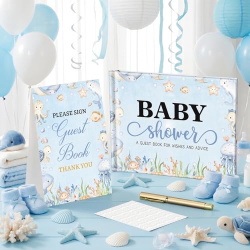 Image of Fuyoooo 27 Pcs Ocean Baby Shower Guest Book Set Baby Shower Sign in Guest Sea You Soon Under The Sea Book Place Table Cards with Gold Pen Adhesive Photo Corner for Birthday Party