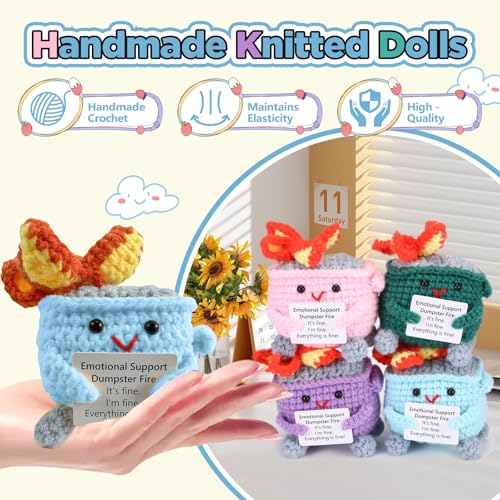 Image of RovyFota Emotional Support Crochet Dumpster Fire with Positive Card Cute Room Decor Knitted Toys Funny Crochet Support Buddies Gifts for Friends (Green&Pink&Blue&Purple)