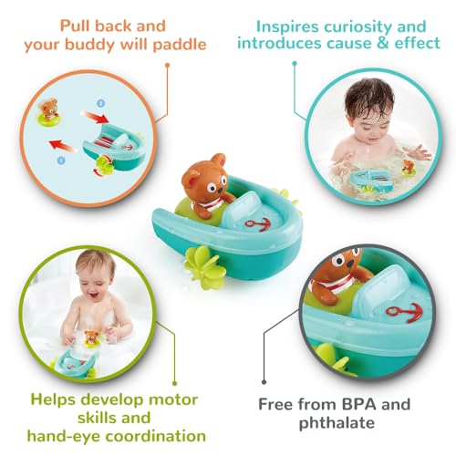Hape Schlauchboot mit Rückziehmotor - Badewannenspielzeug, Pull-Back Boot und schwimmender Teddybär, Badespielzeug für Kleinkinder ab 18 Monaten
