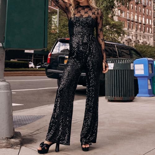 باسك بلوزة شبكية شفافة بطبقات واكمام طويلة ورقبة مرتفعة للنساء من الدانتيل مزينة بالزهور، بلوزة شفافة (لون اسود، مقاس S