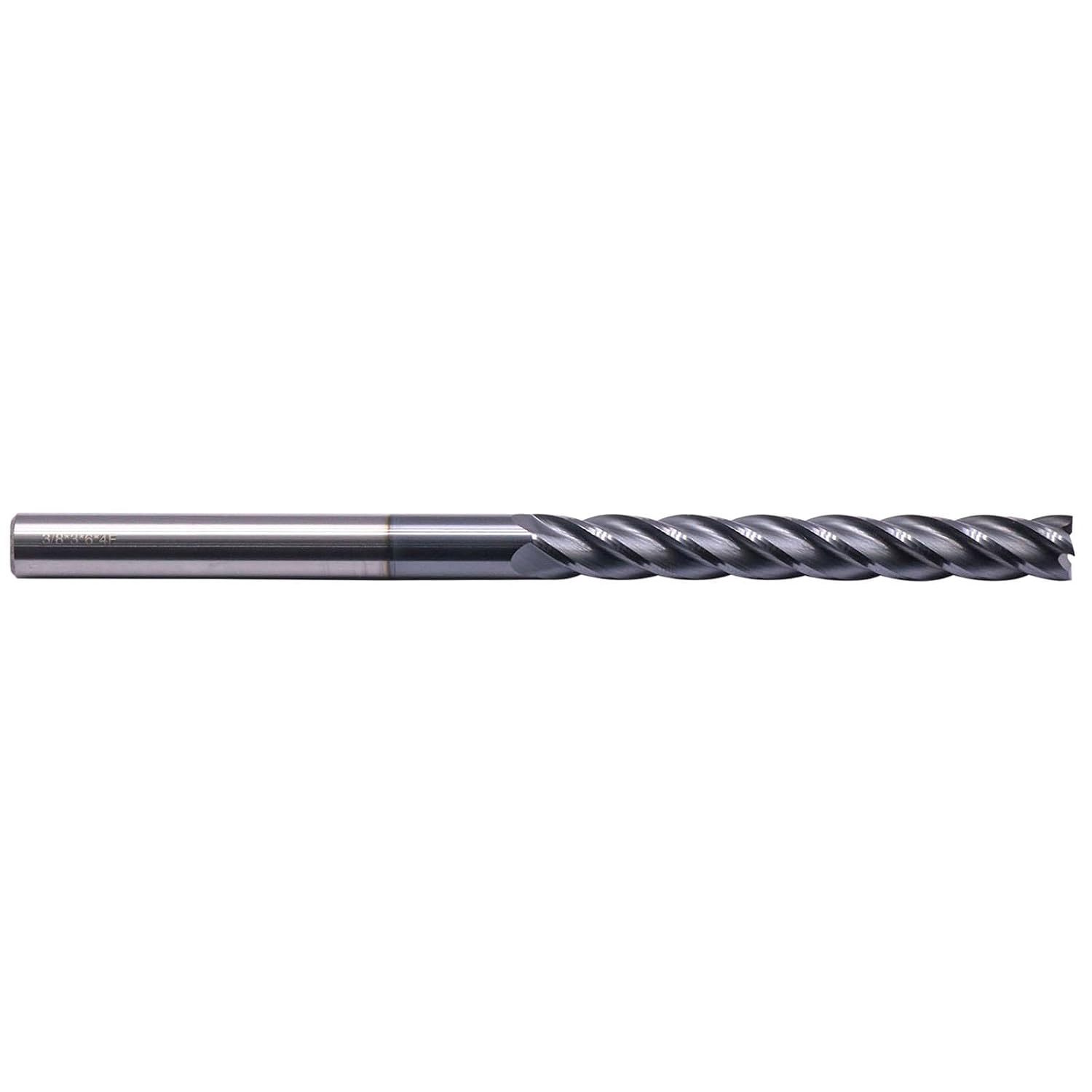 4 Flute 3/8" Solid Carbide Extra Long Square End Mill, AlTiN Coated | 35° Helix, 3/8" Cutting Dia, 3/8" Shank Dia, 3" LOC, 6" OAL For Milling Alloy Steel, Hardened Steel, Iron, Copper