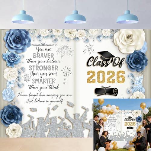 2026 Graduation Backdrop Blue Floral Book Class of 2026 Congratulations Graduate Photography Background School Class Prom Night Party Decor Banner Photo Booth Props (7x5FT)