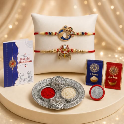 Image of Oblivion Peacock Mor and Mahadev Trishul Rakhi Pair for Brother with Silver Colour Pooja Thali, Roli Chawal, Coin and Greeting Card