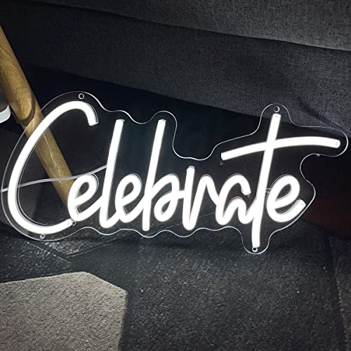Image of Neon Sign The Celebrate for Wall Decor Custom Light Up Sign Indoor Bedroom Home Decor LED Neon Light Sign Large Backdrop Flex Birthday Wedding Christmas Living Room Business Gift,White 40x18.7 CM