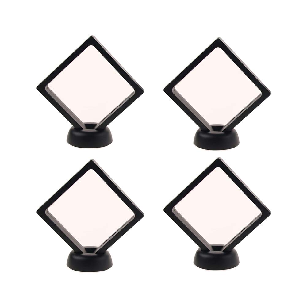 lasenersm 4 Pieces Coin 3D Display Stand Box Set Diamond Square Medallion Challenge Coin Chip Display Stand Holder 3D Floating Frame Display Stand Box for Coins Medallions Jewelry 3.54"x3.54" Black