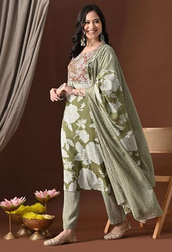 Image of Amazon Brand - Tavasya Women Cotton Anarkali Kurta Pant Dupatta Set | Printed Ethnic Suit Set | Flared Anarkali Kurta with Pant & Dupatta | Festive & Casual Wear