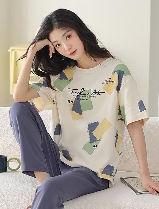 Image of GLASGO Women's Cotton Pajama Set with Top & Pants|| Korean Night Wear|| Loose Fit Home Wear || Lightweight Printed Set || Soft & Comfy Sleepwear for Girls & Women || LNS-4-$