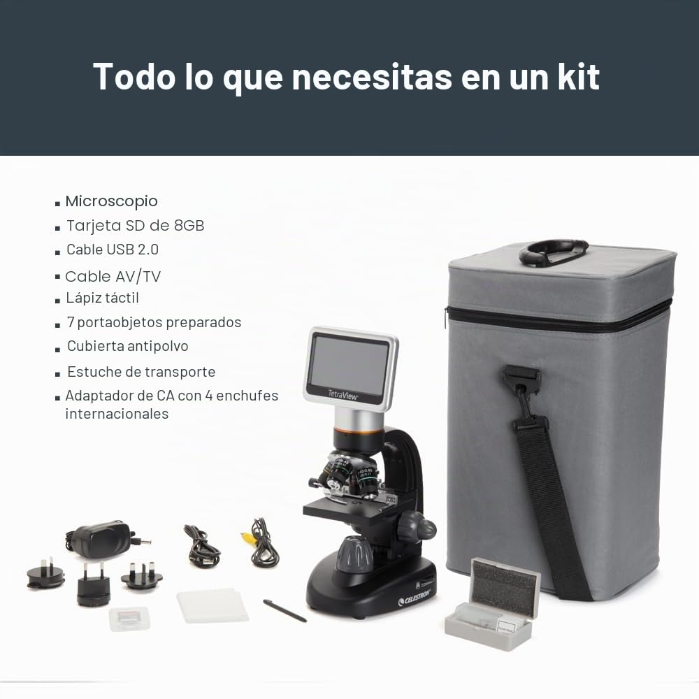 Celestron 44347 TetraView: microscopio digital con pantalla táctil LCD, 40x-400x aumentos, negro/plata