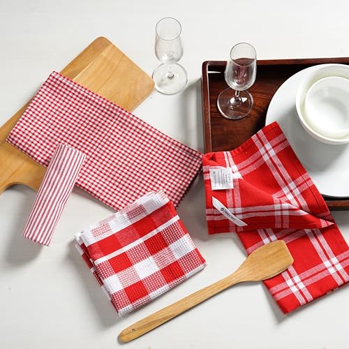 Image of LANE LINEN 100% Cotton Kitchen Dish Cloths, Ultra Soft Absorbent Quick Drying Dish Towels, Multiweave Wash Cloths Dish Towel Sets, 13x28 Inches, 4 Pack - Red