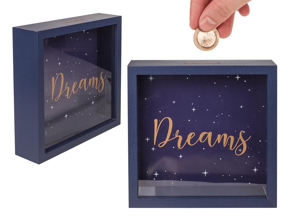 Drewniana skarbonka, Dreams, w ramie, ok. 20 x 20 cm, niebieska