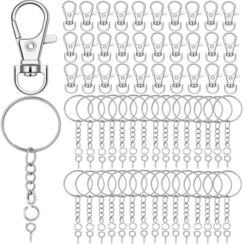 120 Stück Schlüsselanhänger Set mit 30 tück Schlüsselringe mit Kette 30 Stück schlüsselanhänger karabiner 30 tück Spaltringe und 30 Stück Schrauböse Pins für DIY Schlüssel Handwerk (Silber).