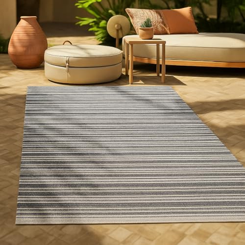 KAMACA Outdoor Teppich Streifen wetterfest UV beständig wendbar für Balkon Terrasse Garten Wohnmobil Camping Robuste Campingmatte für alle Außenbereiche (Teppich 80 x 150 cm anthrazit weiß)