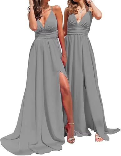 Vestido de dama de honor de boda con tirantes delgados para mujer, cuello en V, acampanado, vestido formal de fiesta