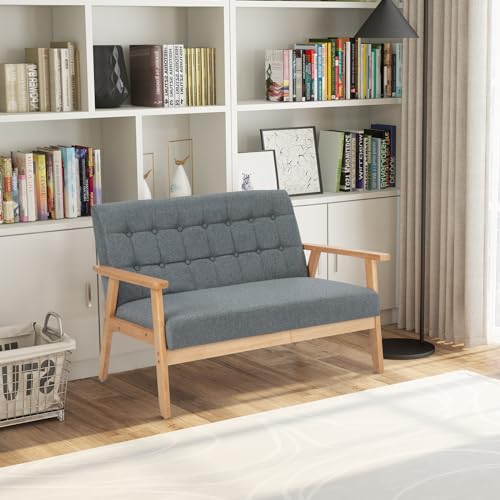 COSTWAY 2-Seater Sofa, Linen Fabric Upholstered Loveseat Sofa Couch with Rubber Wood Legs, Modern Button-Tufted Double Seat Lounge Sofa Chair for Living Room Bedroom Reception, Grey - Image 9