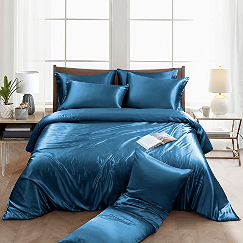 Image of Ersmak 6 Pieces Satin Duvet Cover King Size Luxury Silky Bedding Duvet Cover Set with 1 Soft Duvet Cover, 4 King Pillowcases and 1 Body Pillowcase, Navy Blue