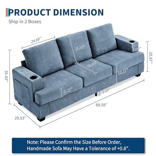 GarveeHome Modern 89 in 3-Seater Sofa for Living Room, Comfy Couches with Deep Seat, Chenille Couch with Cup Holders and Side Storage Pockets for Apartment Lounge, Blue - Image 3