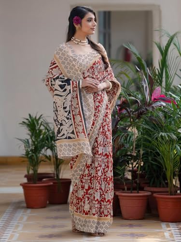 Image of SIRIL Women's Printed Ready to Wear Mul Cotton Saree With Unstitched Blouse Piece
