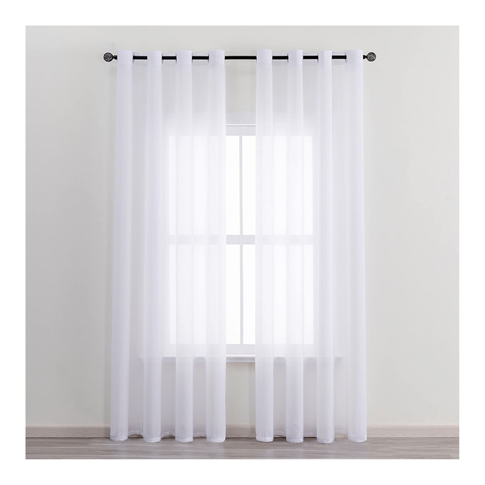 Białe półprzezroczyste zasłony, 115 cm długości, 2 panele, jednolity kolor z przelotkami do sypialni i salonu, każdy panel, 106 cm szer. x 114 cm dł