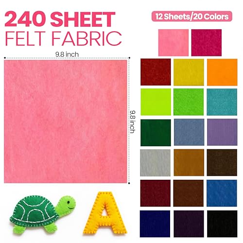 Image of Moukeren 240 Pcs 9.8 X 9.8 Inch Felt Sheets, 20 Colors | Stiff Fabric Squares Ideal Craft Sewing, DIY Patchwork Projects, Nonwoven Material, Bulk Supply Holiday and Festival Decor