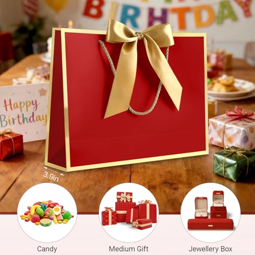Image of JMANNI Gift Bags with Handles, 11 inch Small Gift Bags with Tissue Paper | 2 Pcs Red Bags, 4 Tissue Paper and 2 Cards, for Baby Shower, Wedding Bridal Shower, Birthday Party