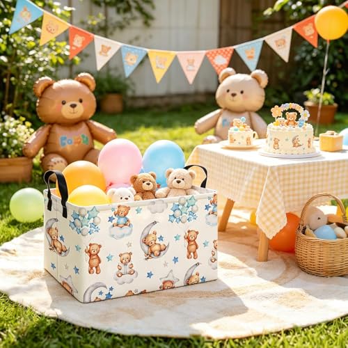 Image of Rectangular Bear Storage Bin, Fabric Closet Organizer Basket | Einforced side grips, foldable holder arranges clothing and bedroom personal belongings