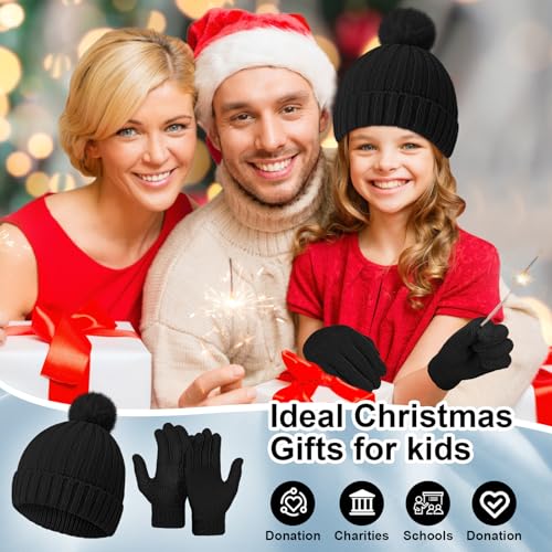 Image of JaGely Kids Beanie and Glove Set Winter Snow Warm Hat and Gloves Unisex Knit Hat with Pompom Full Fingers Ski for Boys Girls