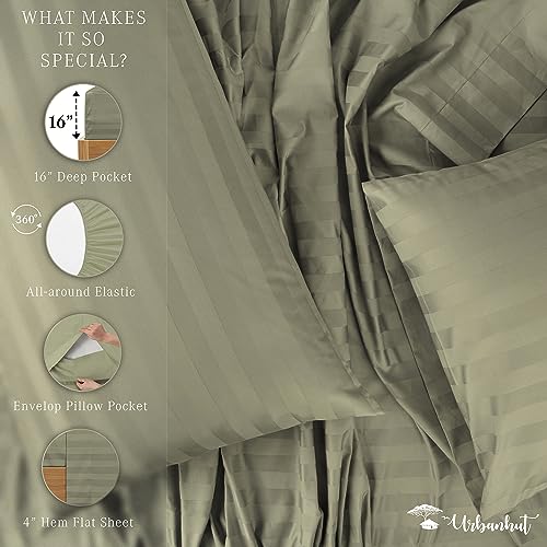 URBANHUT 800 Thread Count Egyptian Cotton Damask Striped Twin Size Sheets Set (4 Pc) - Ultra Soft & Smooth, Sateen Weave Twin Size Bed Sheets, Luxury Hotel Sheets with 16" Deep Pocket - Sage