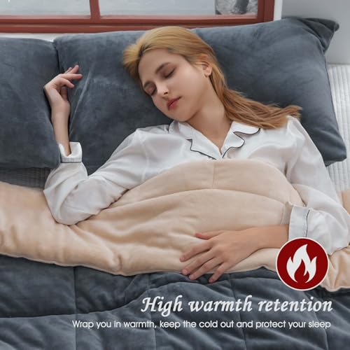 ele ELEOPTION Twin Size Comforter Set 3pcs Winter Autumn Super Soft Fuzzy Bedding Sets with Fleece Warm Comforters (60x80 inches) and 2 Pillowcases (20x28 inches) for Bedroom Dark Gray/Camel - Image 4