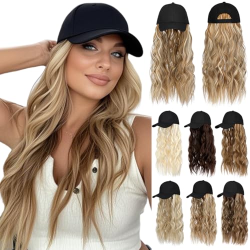 Qlenkay Baseball Hat Wig 24in Long Curly Wavy Extensions
