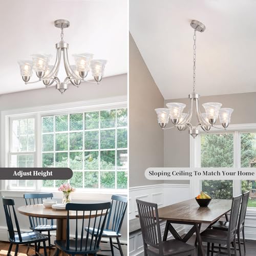 Image of Modern Brushed Nickel Farmhouse Chandelier 6 Light Silver Chandeliers for Dining Room Adjustable Height Hanging Light Fixture with Clear Glass Shade,Pendant Light Fixture for Living Room Hallway Foyer