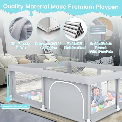 Image of Fshibila 50 inch x50 inch Baby Playpen with Mat, Baby Playard for Babies and Toddlers, Play Pens for Indoor & Outdoor, Sturdy Safety Play Yard with Soft Breathable Mesh, Anti-Fall, Ball x 18, Handle x 2, Grey