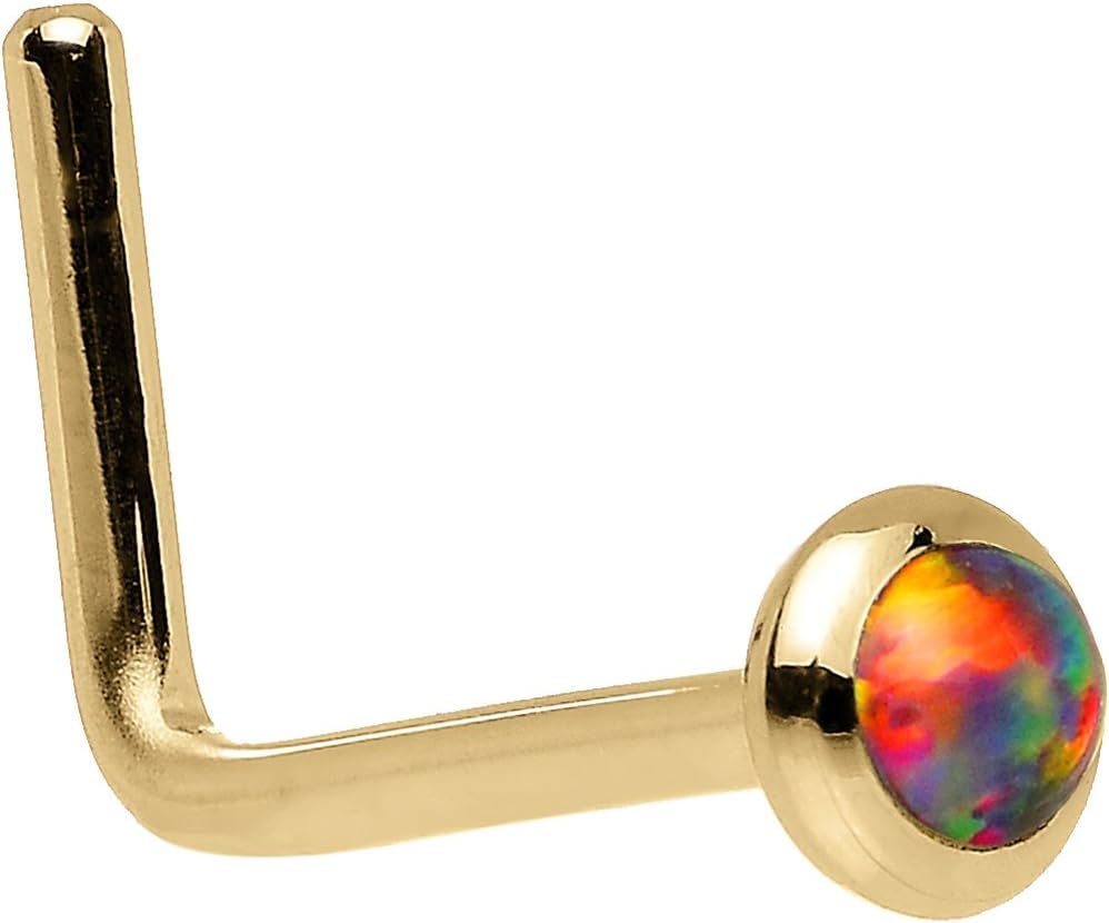 Body Candy Solid 14k Yellow Gold 2mm Fire Red Synthetic Opal L Shaped Nose Stud Ring 20 Gauge 1/4"