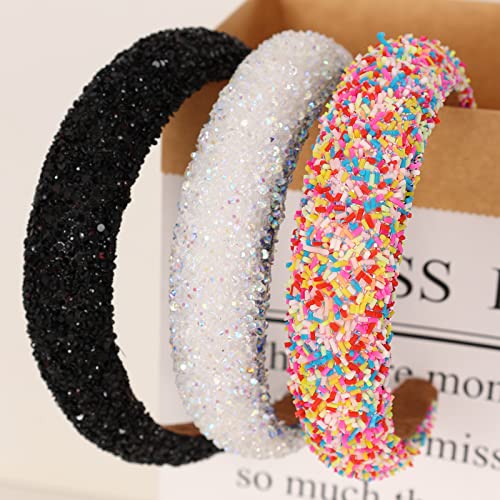 Rhinestone Headband For Women Girls,3Pcs Rhinestone Padded Headbands For Women Wedding Birthday Birthday Prom Pageant Party Halloween Hair Accessories For Women Girls(Black White Multicolour) #TOP1