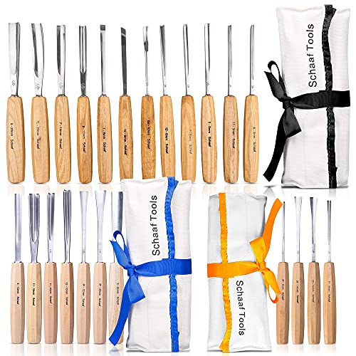 Schaaf Wood Carving Tools Complete Collection | The 12 Piece Foundation Set, 7 Piece Expansion Set, and 4 Piece Detail Set | 23 gouge Profiles Total
