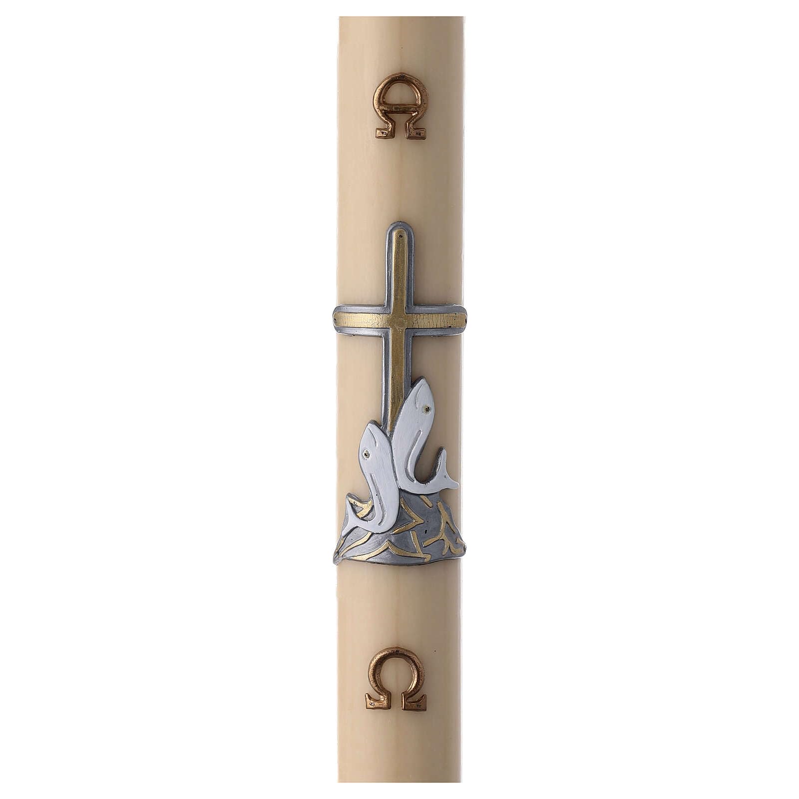 Beeswax Paschal Candle with Fishes Over Golden Cross, 3x47 in