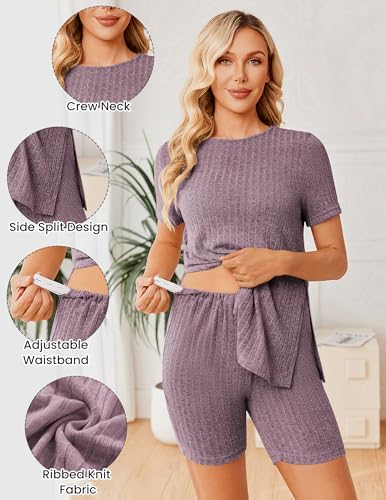Image of Ekouaer Maternity Sets 2 Piece Outfits Ribbed Knit Short Sleeve Shirts and Biker Shorts Pregnancy Loungewear Mama Clothes