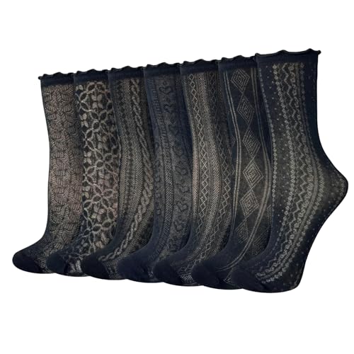 Cityelf Women's Black Ruffle Socks Mesh Lace Cotton Casual Crew Ultra Thin Frilly Ankle Socks Pack of 7