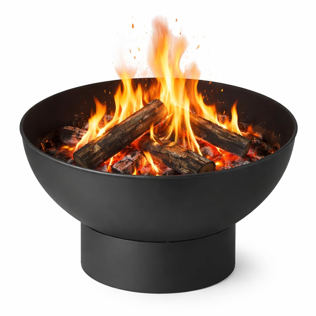 Modern Outdoor Fire Bowl, Black Steel Construction, 68cm Diameter Bowl with Stand, Portable Bonfire Pit for Garden, Patio, Charcoal BBQ