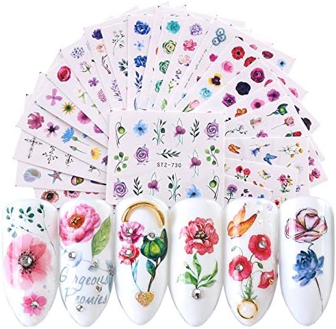 Ocealux Nail Art Stickers for Women Nails Decoration Designs Water Transfer Nail Accessory Decals 24 Sheets Assorted Flower Collection Nail Sticker for Manicure Tips Charms Purple Red Blue Colors