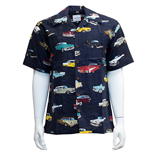 David Carey Chevrolet Camp Shirt â€“ Retro Inspired â€“ Button Up Collared Short Sleeve Navy Blue Club Shirt, M