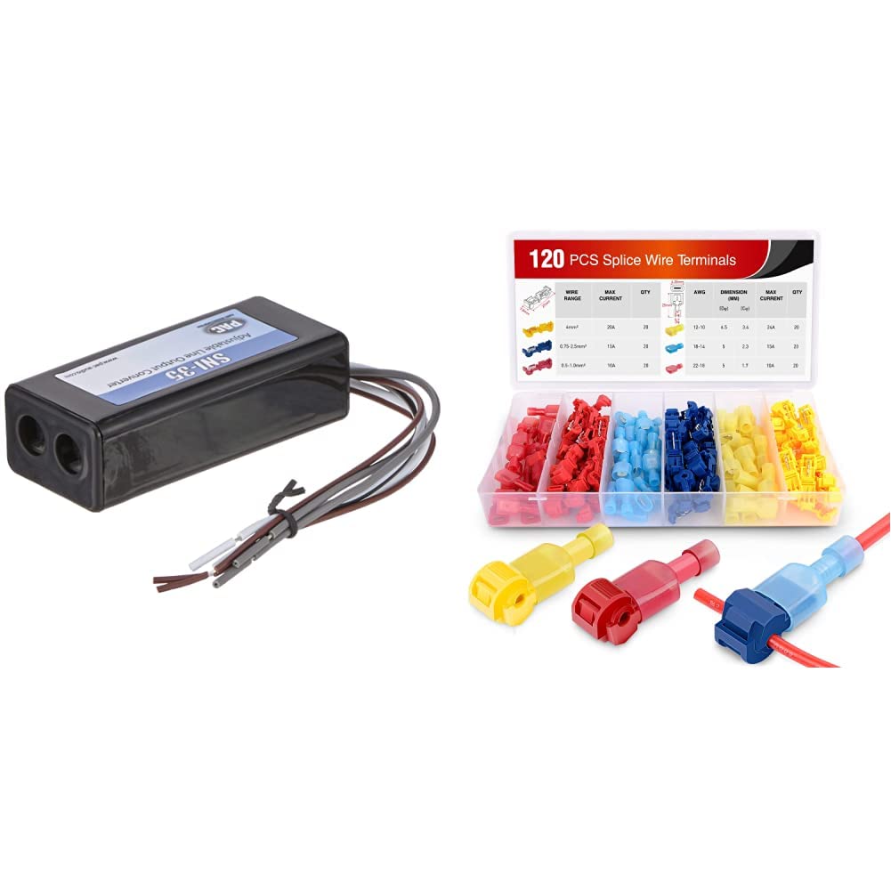 PAC SNI-35 Variable LOC Line Out Converter & Nilight - 50004R 120 Pcs/60 Pairs Quick Splice Wire Terminals T-Tap Self-Stripping with Nylon Fully Insulated Male Quick Disconnects Kit