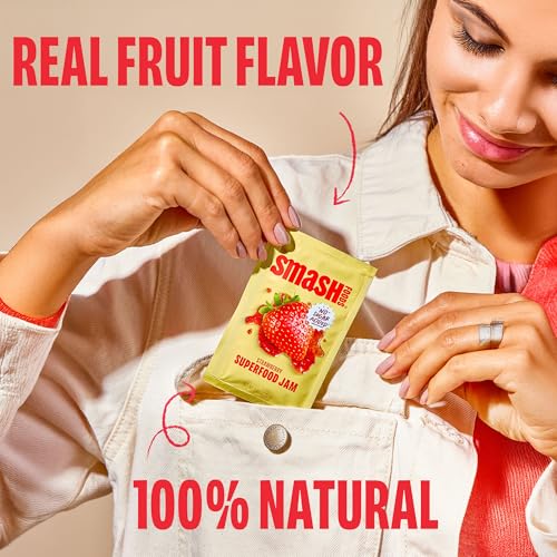 Image of Smash Foods Strawberry Jam Squeeze Packets | 10 Single Serve | Natural, Keto & No Sugar Added | Vegan & Upcycled Fruit Spread | Low-Calorie, Superfood Snack